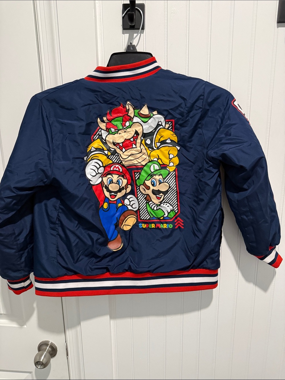 Super Mario Navy Varsity Bomber Jacket with Character Back Patch